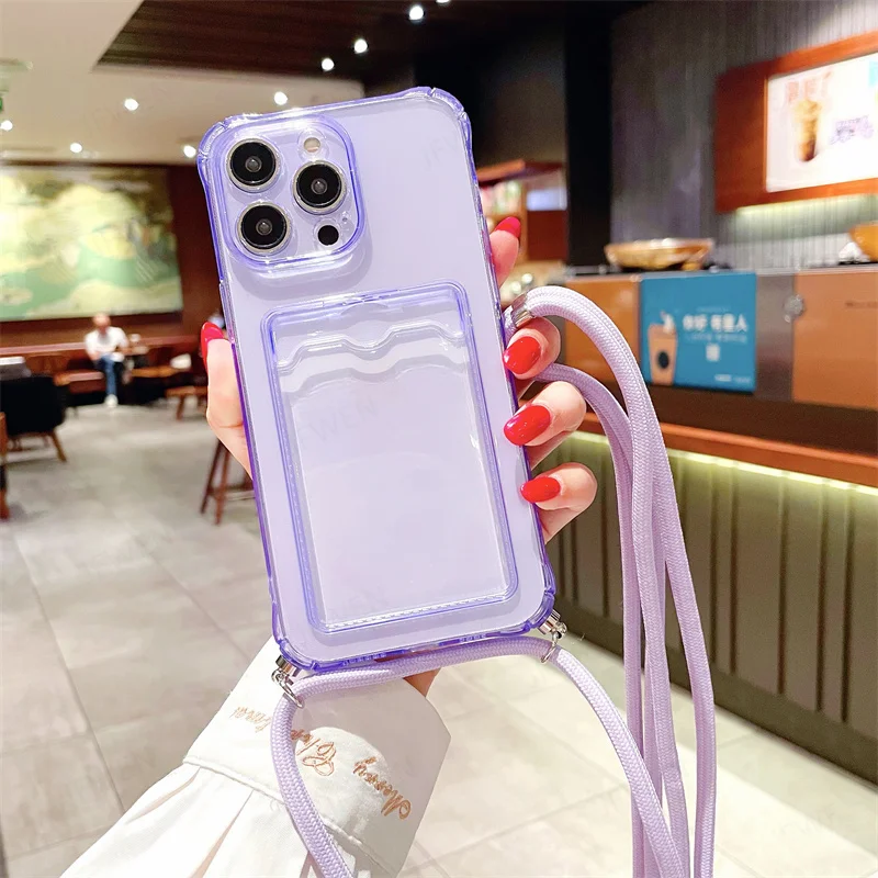 Custodia per telefono con cordino a tracolla per iPhone 15 14 Plus 13 12 Mini 11 Pro Max Cover posteriore trasparente antiurto in TPU morbido_voghion.com