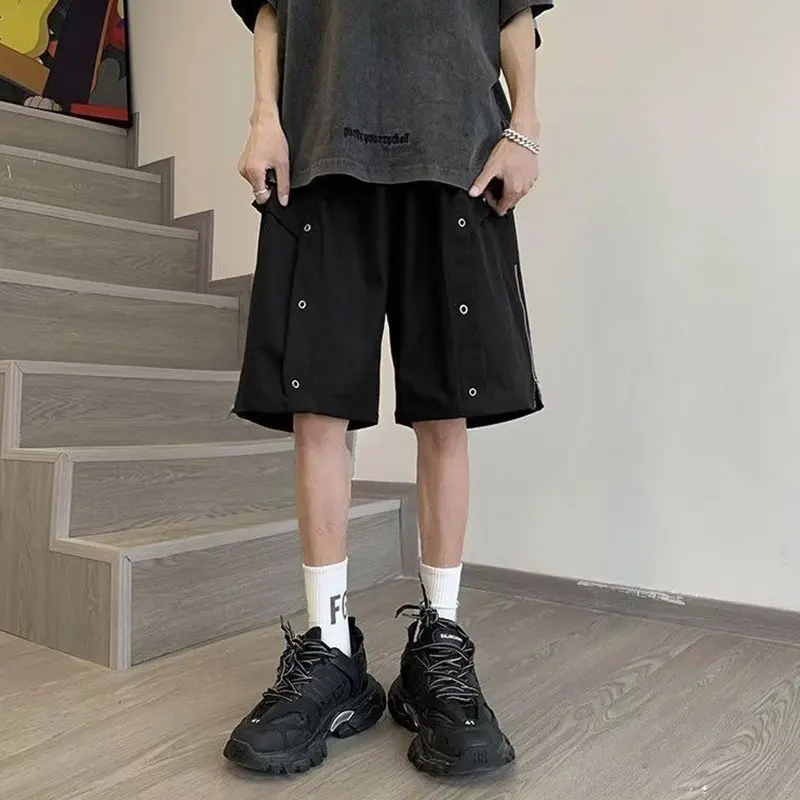 Summer Elegant Fashion Harajuku Slim Fit Ropa Hombre Loose All Match Casual Shorts Solid Zipper Pockets Straight Cylinder Shorts