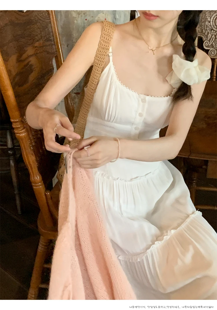 French Elegant Dresses for Women Solid Spaghetti Strap Summer New Ruffles A-line Casual Korean Chic Midi Vestidos Mujer