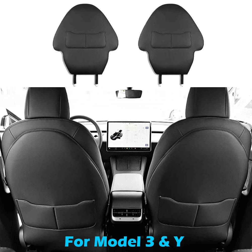 BEVO For Tesla Model 3 Model Y Leather Seat Back Protector Backseat Kick Mats for Kids Extra Organizer Pocket Scratchproof Pad