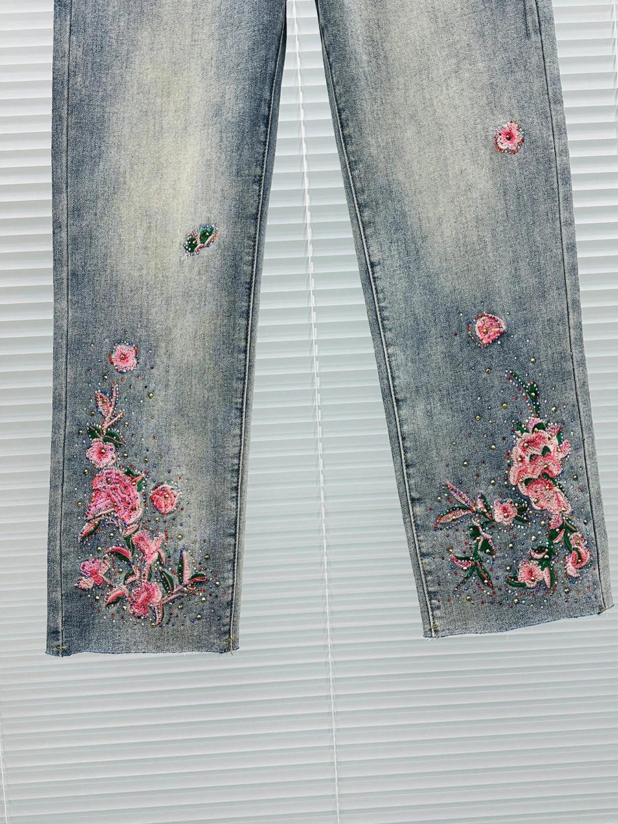 Embroidered Rhinestone Straight Jeans Women 2024 Spring Summer New Fashion High Waist Slim-Fit Smoke Tube Cropped Pants Lady