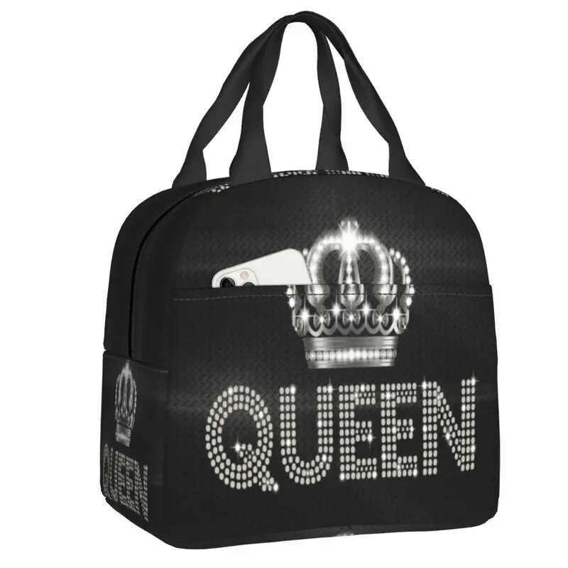 

Queen Rhinestone Insulated Lunch Tote Bag for Women Bling Diamond Resuable Thermal Cooler Bento Box School