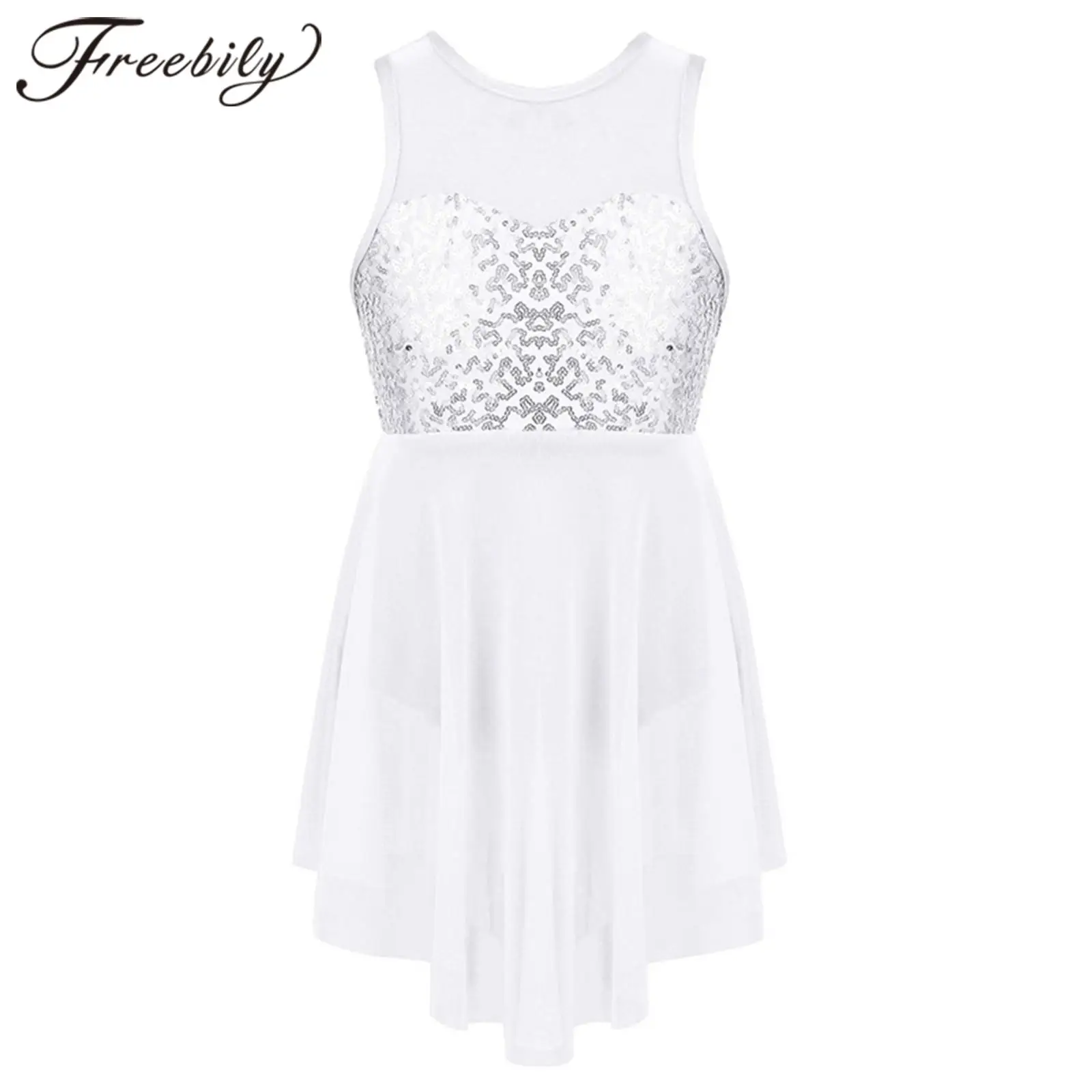 

Kids Girls Sleeveless Sequins Lyrical Dance Costume Irregular Hem Ballet Dress Gymnastics Leotard Children Figure Skating Dress