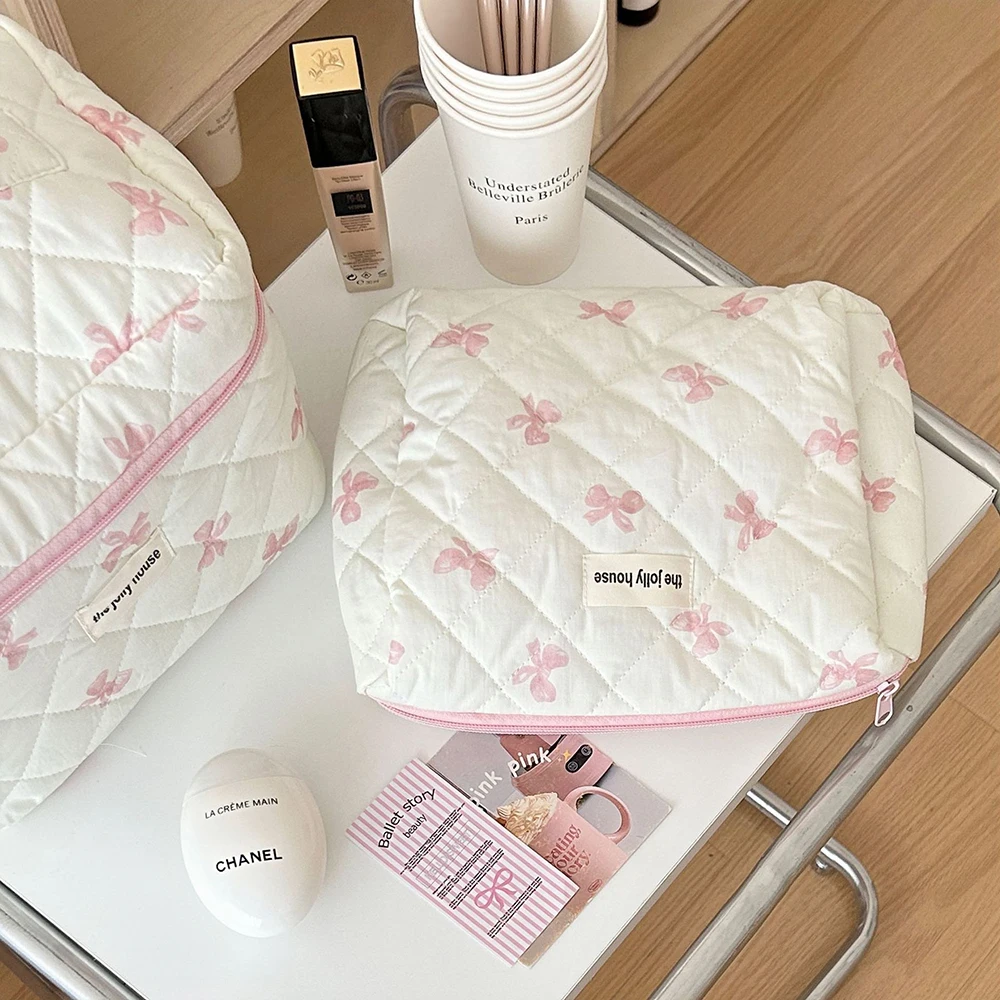 Korea Bow Print Women Makeup Bag Large Capacity Portable Cosmetic Case For Travel Toiletries Cosmetics Storage Bag 6