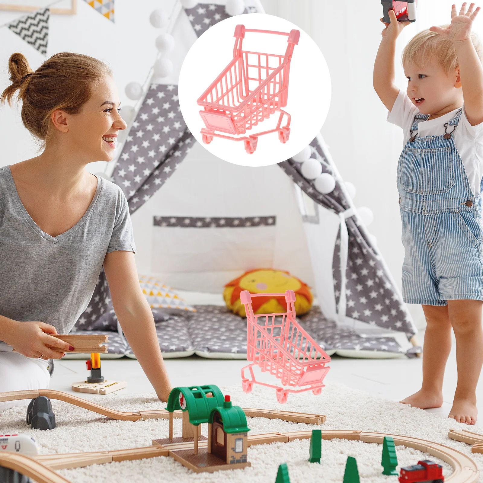 2 Pcs PVC Simulation Trolley Mini Shopping Cart Toy Kids Stuffs Dolls Storage Rack for Kids Toddlers Playing (Random Color) 4