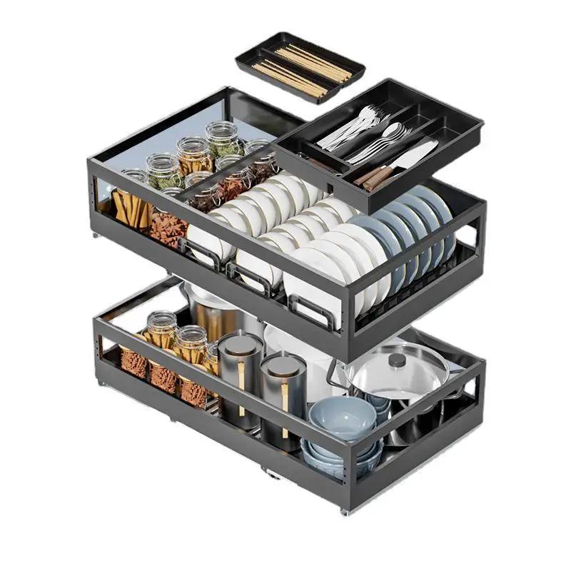 

Household 304 stainless steel pull-out basket, kitchen double-layer drawer type bowl rack, bowl and plate storage,