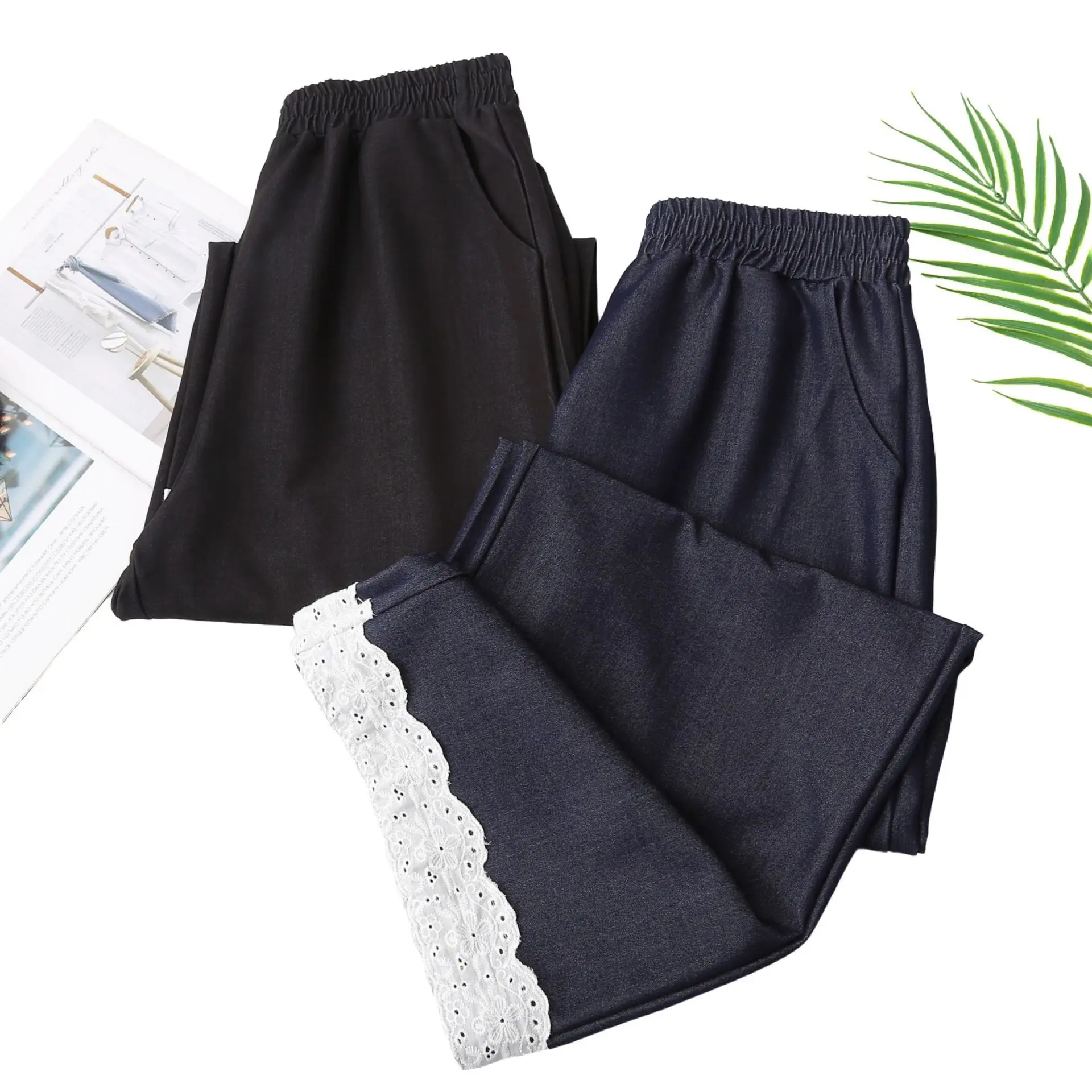 New Autumn Style Of Lace Hem Lyocell Denim Straight Leg Pants Casual Fashion Plus Size Women's Jeans 8591