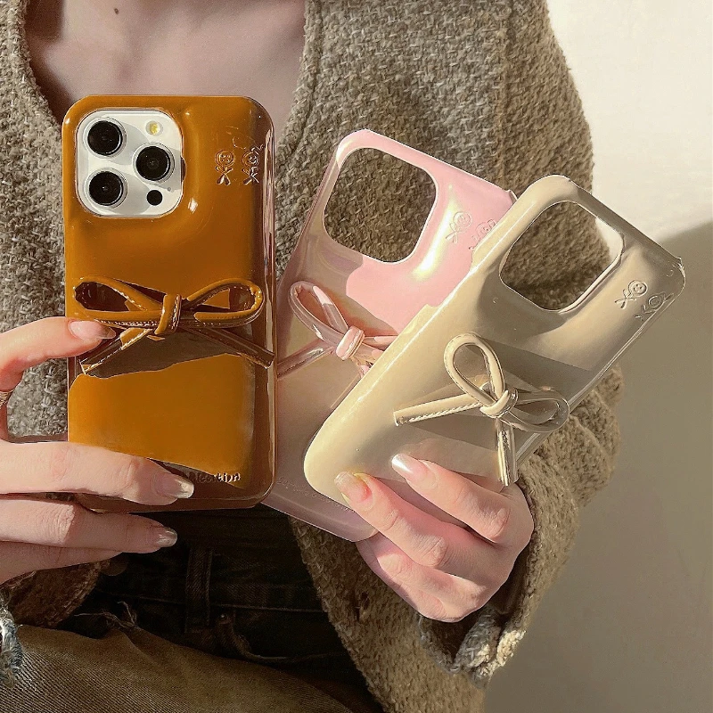 Korean Cute Bow Kawaii Glossy Leather Phone Case Cover