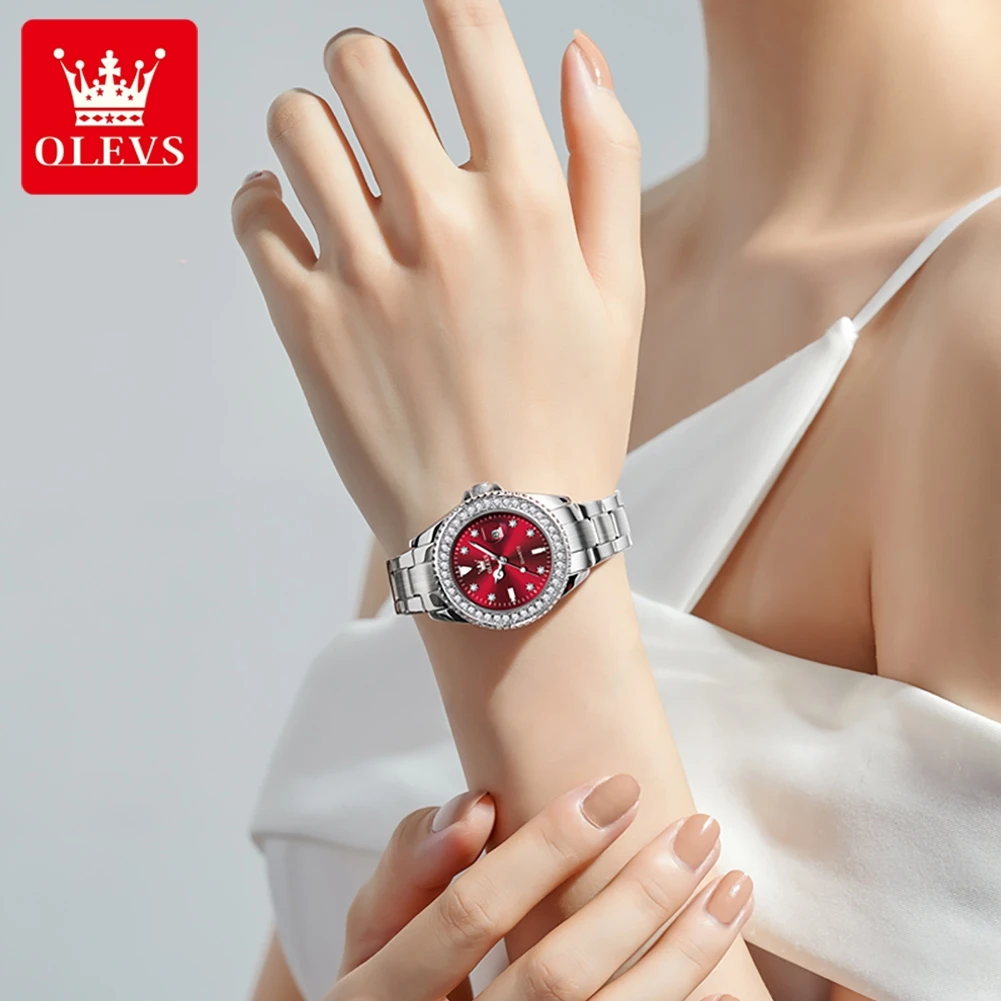 OLEVS 9945 Woman Watches Original Luxury Diamond Scale Quartz Watch For Women Steel Strap Waterproof Luminous Date Wristwatch