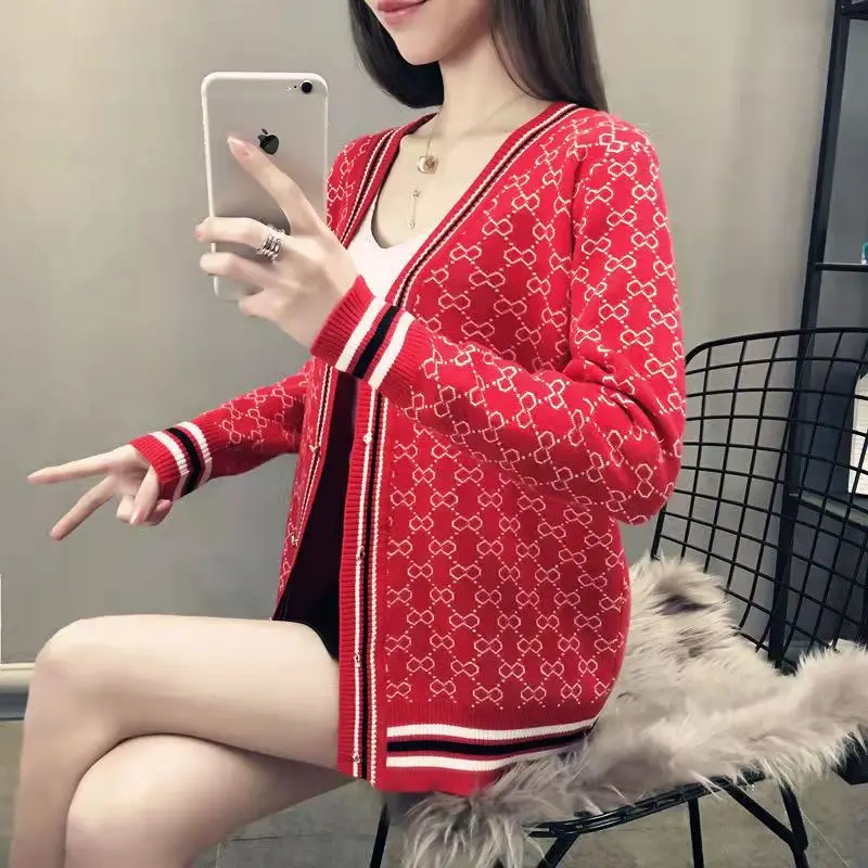 ladies sweater Women's Knit Sweater Color Block Single Breasted Slim Fit Casual Knit Cardigan Sweater white sweater