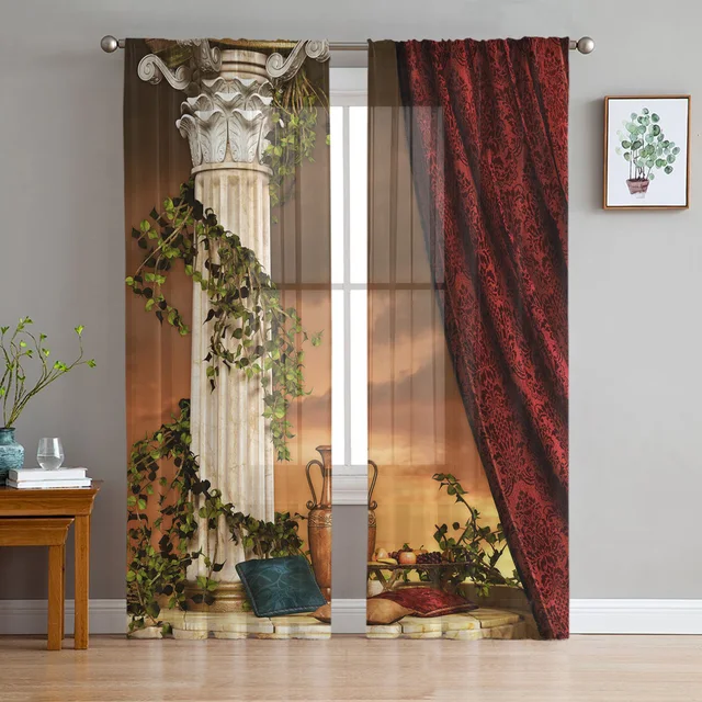 Pillar Vase Vine Table Sky Red Voile Tulle Curtains: Add Elegance to Your Living Space