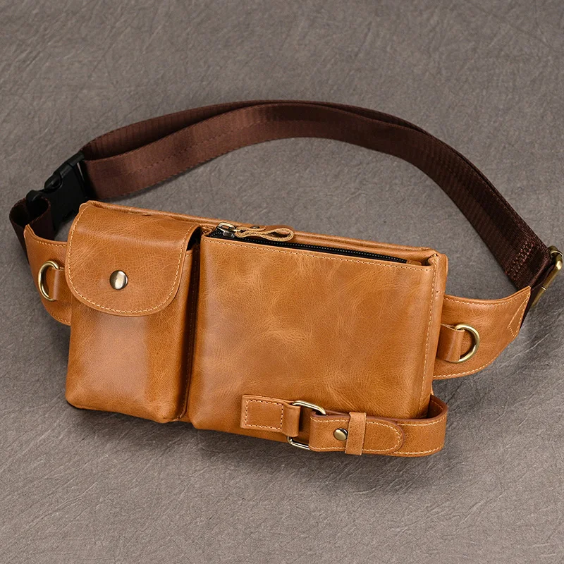 

Mobile phone fanny pack male leather crossbody chest bag retro men's top layer cowhide phone bag belt pouch wasit pack men's bag