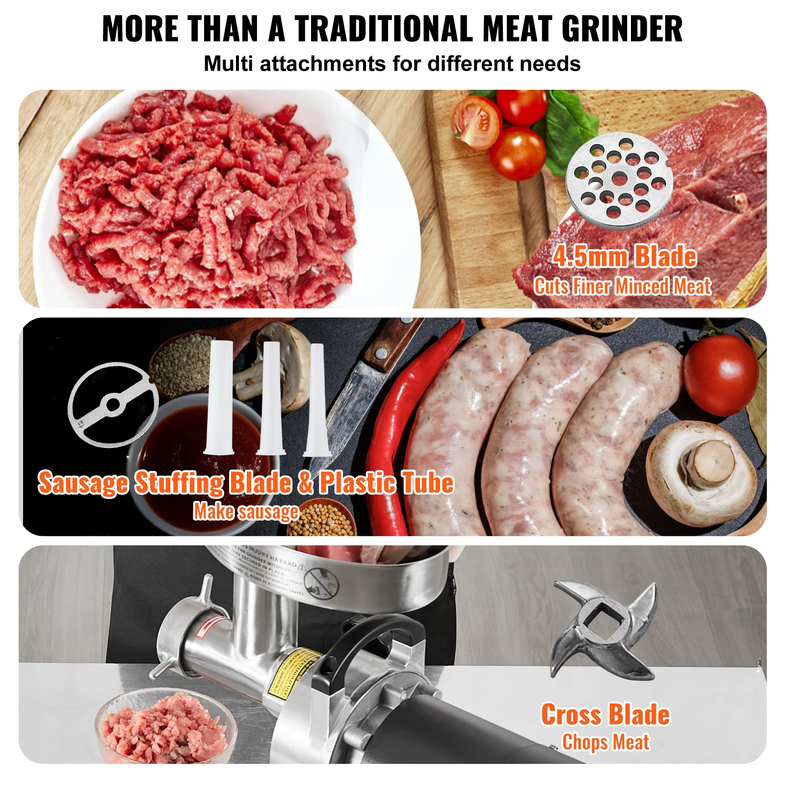 VEVOR Electric Meat Grinder, 9 Lbs/Min Capacity w/ Blade, Grinding Plate, Sausage Maker, Stainless Steel Commercial Meat Mincer 3