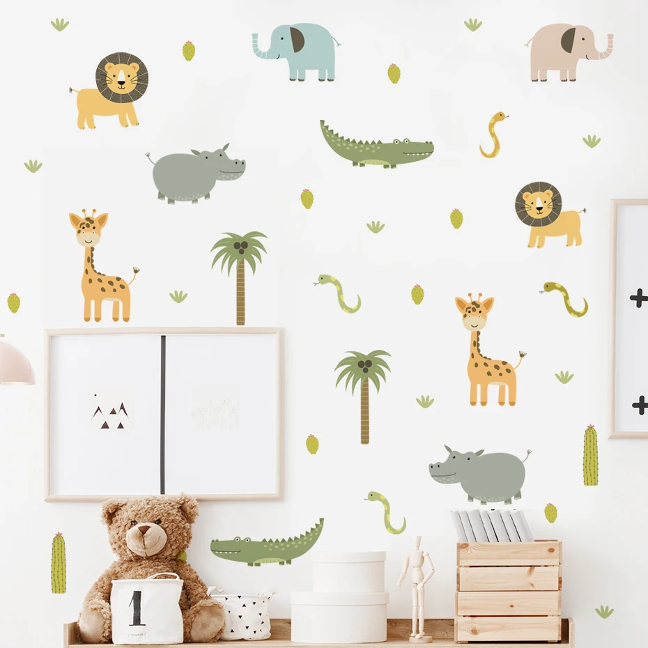 

Watercolor Cute Cartoon safari Animals Hippo Elephant Nursery Wall Stickers for Kids Room Bedroom Decor Wall Decals Wallpaper