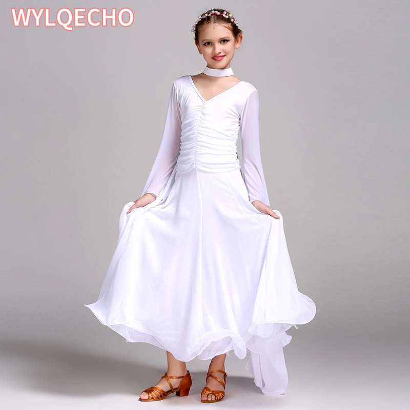 Chiffon Long Sleeves Standard Competition Ballroom Dance Dress Girl Kids One Piece Child Modern Waltz Latin Dancing Dancewear