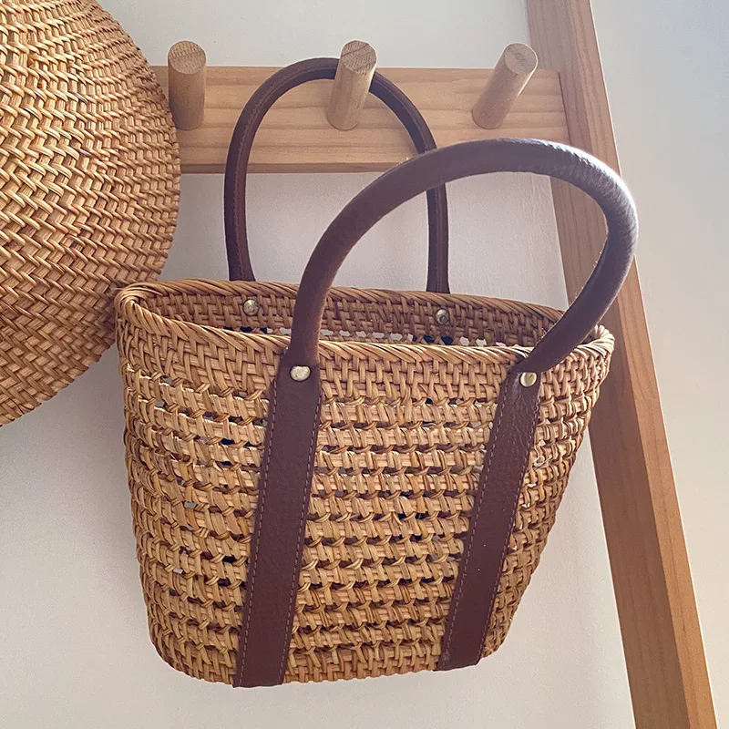 

Handwoven Storage Basket Outdoor Picnic Baskets Rattan Kitchen Fruit Vegetable Bread Shopping Basket Bath Organizer with Handle