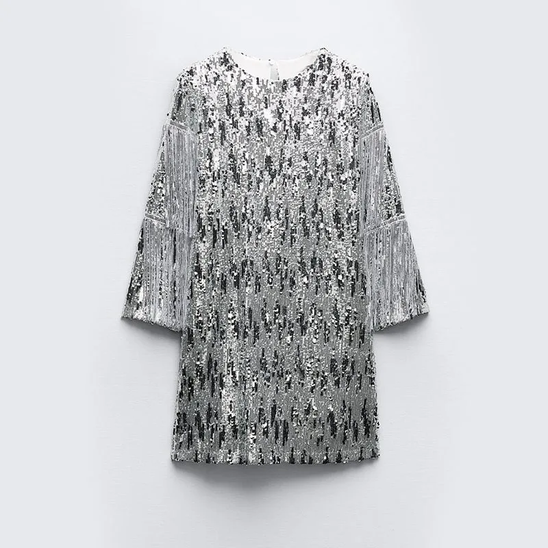

Women's Flowing Su Pearl Mini Dress Long Sleeve Round Neck Sparkling Party Dress Street Casual Short Skirt Spring Autumn