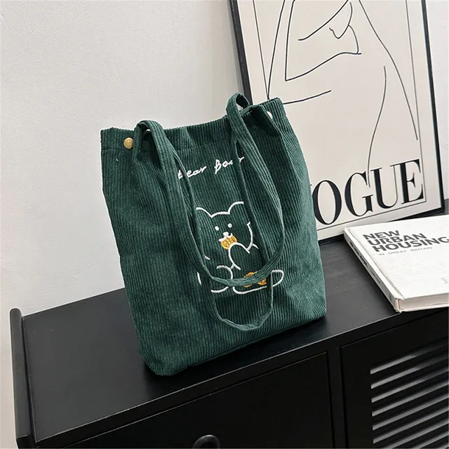 Cartoon Embroidered Bear Shoulder Bag Foldable Corduroy Handbag For Women Large Capacity Tote Bags Eco Friendly Shopping Bag 4