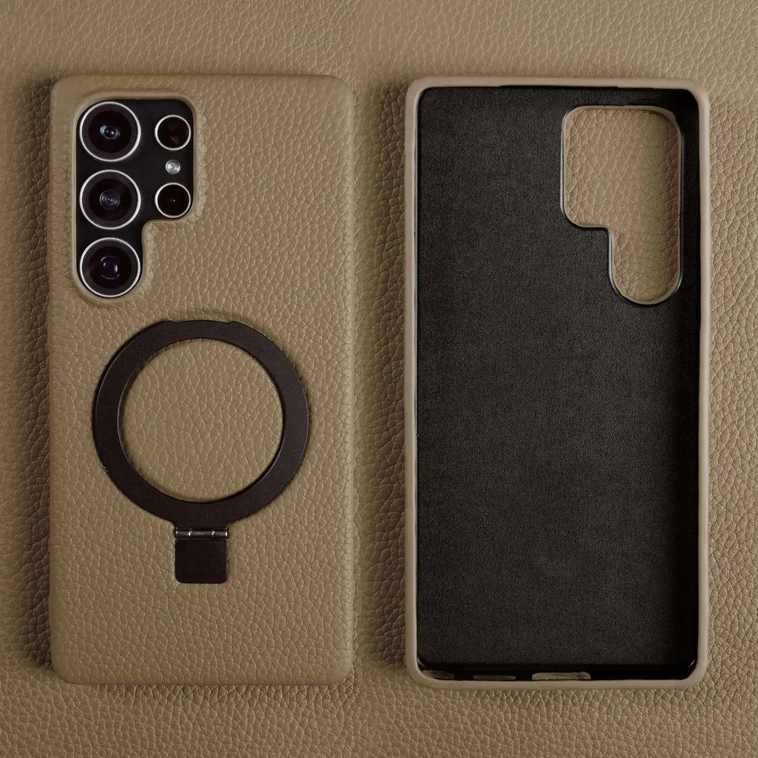 Genuine Leather Magnetic Ring Stand Phone Case with Back Cover