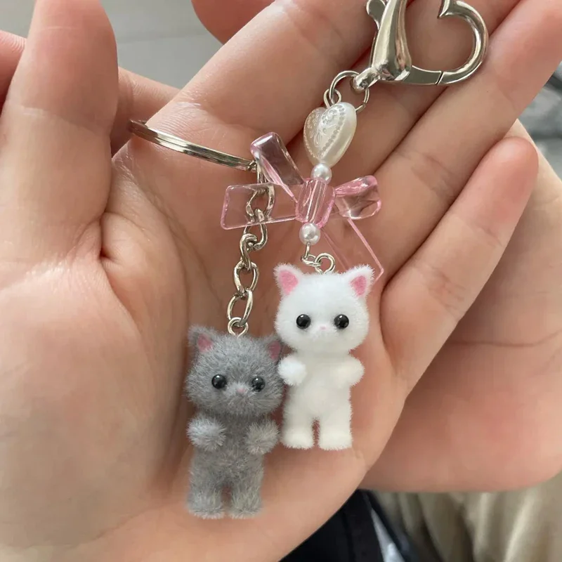 Portachiavi A Forma Di Gatto 3D Kawaii Y2K, Ciondolo In Resina E Peluche Con Fiocco, Colori Rosa/bianco/nero, Con Sacchetto Di Velluto In Omaggio - 3