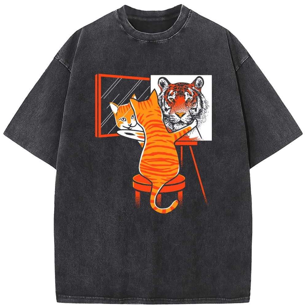 

Cat Portrait Unisex Washed T-Shirt Novelty 230g Cotton Summer O-Neck Bleached Tshirt Funny Casual Loose Bleach Tops Tee