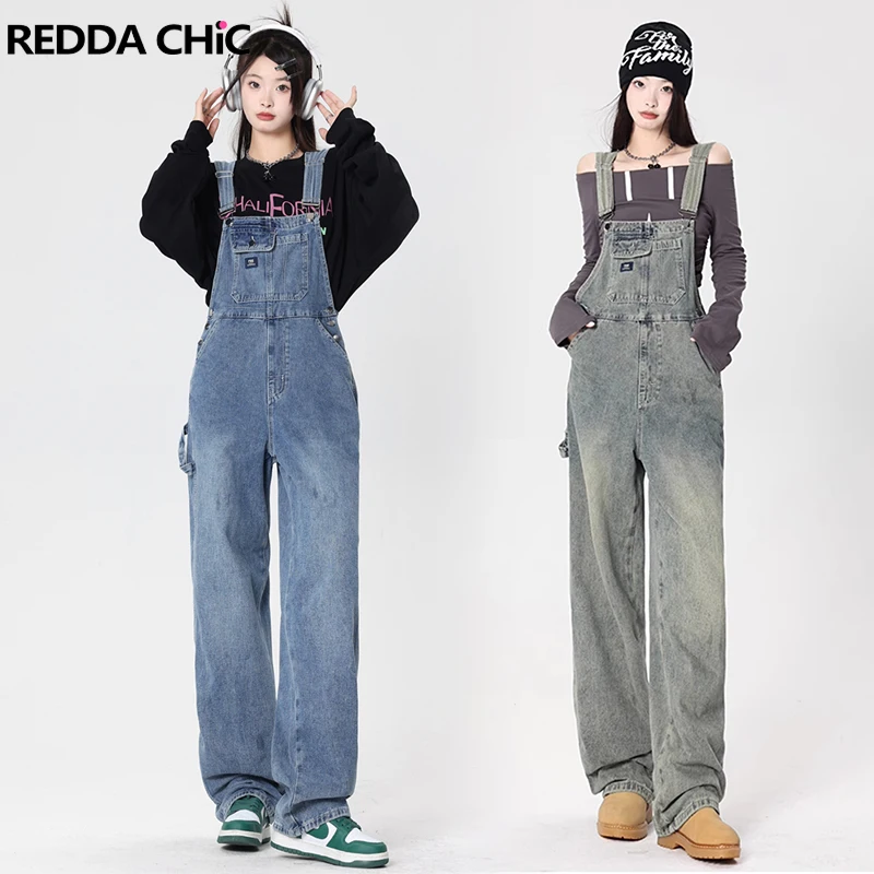 

ReddaChic Women Casual Plain Denim Jumpsuit Bib Pocket Distressed Loose Casual Wide Leg Overalls Dungaree Vintage Y2k Streetwear