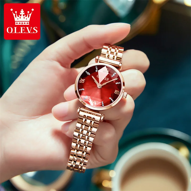 OLEVS Womens Watches Top Brand Luxury Rhombus Mirror Quartz Watch for Women Stainless Steel Waterproof Ladies Wristwatches