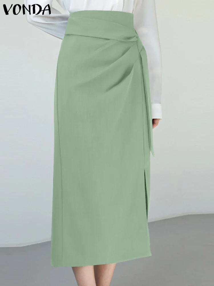 

Summer 2023 Elegant Skirt Women High Waist Pleated Fashion Split Midi Skirts VONDA Casual Solid Color Loose Streetwear Bottoms