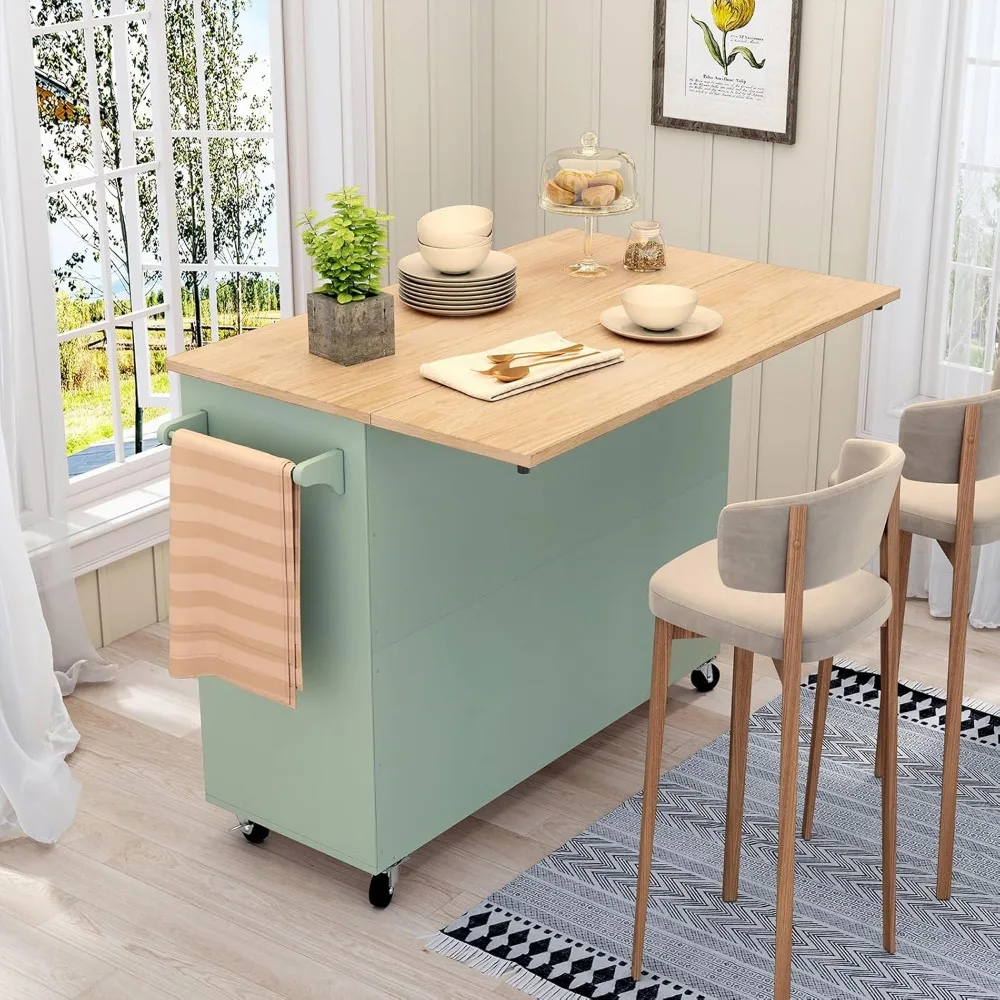 Rolling Kitchen Island with Storage, Drop-Leaf Bar Countertop, Spacious Solid Rubberwood Top, Modern Style 3