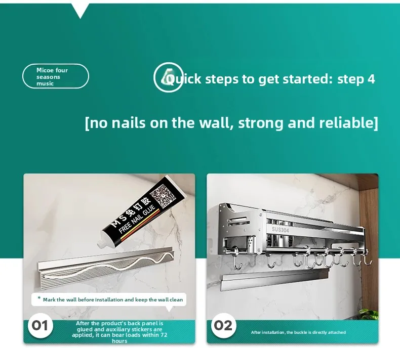 Stainless Steel Wall-Mounted Kitchen Storage Rack No-Drill Spice Shelf Knife Holder Condiment Organizer for Kitchen Counter