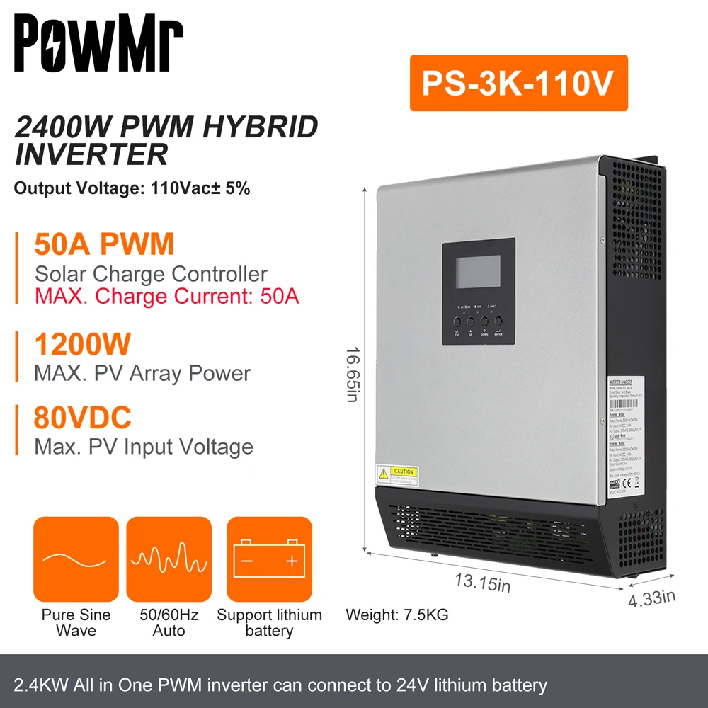 PowMr 3KVA 純粋な正弦波ハイブリッドソーラーインバーター 24V 110V 