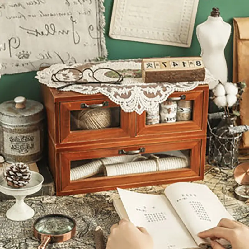 

Storage Box Vintage Jewelry Organizer Desktop Makeup Storage Box Stationery Barrel Brush Wooden Cabinet Drawer Storage Drawers