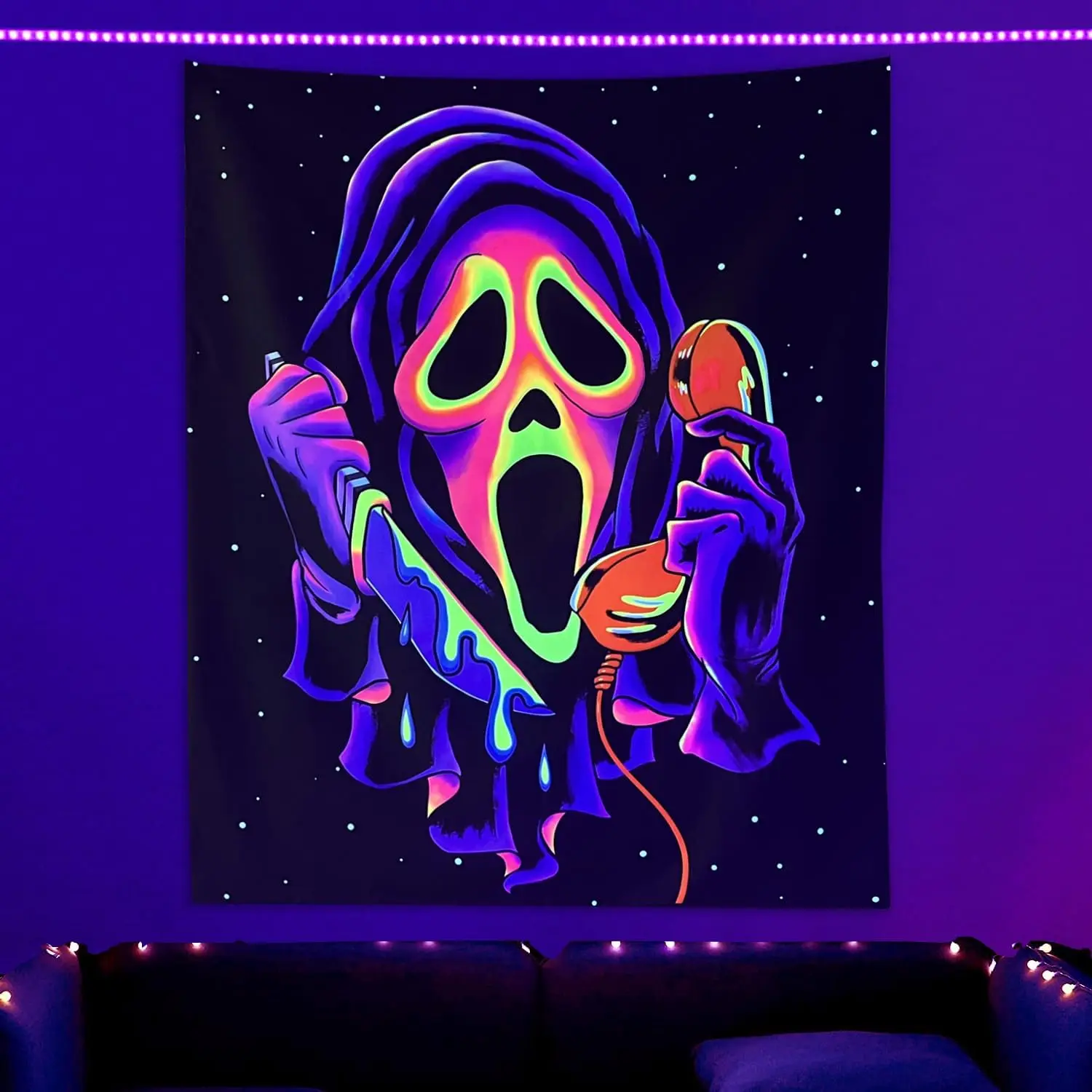 Blacklight Horror Face Tapestry UV Reactive Trippy Wall Hanging Glow in the Dark Party Backdrop for Living Room Decor