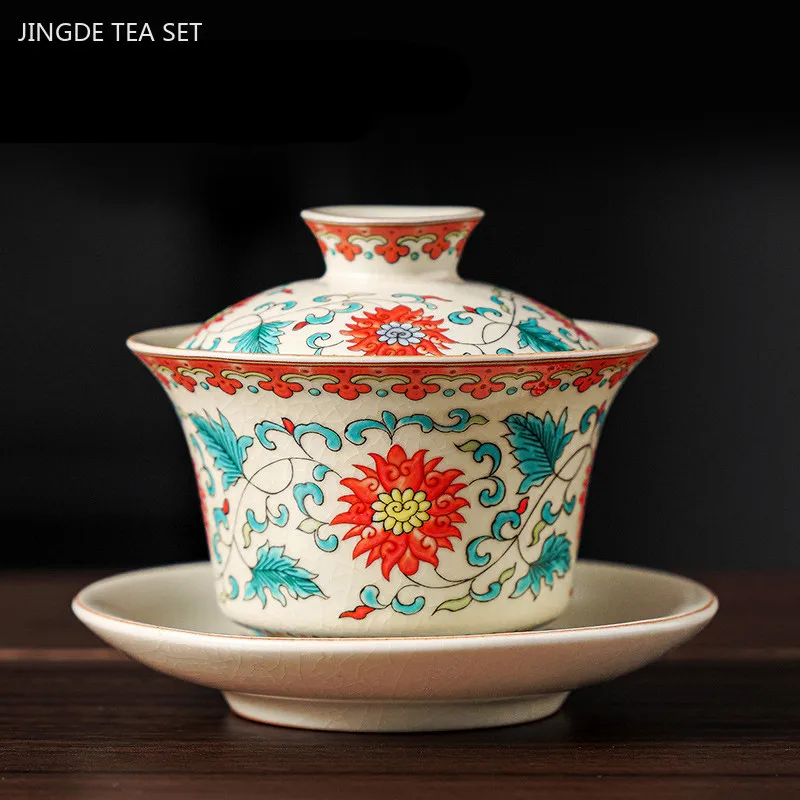 100ml Retro Blue and White Porcelain Gaiwan Chinese Ceramic Tea Bowl Home Tea Infuser Handmade Underglaze Color Tea Set Teacup