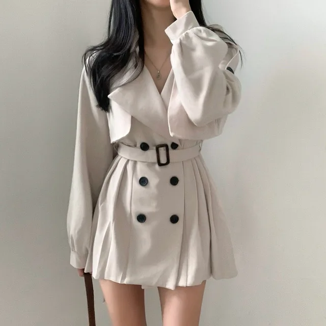 Gabardina elegante y plisada de estilo coreano para mujer, vestido con cinturón, cuello vuelto, doble botonadura, liso, para otoño