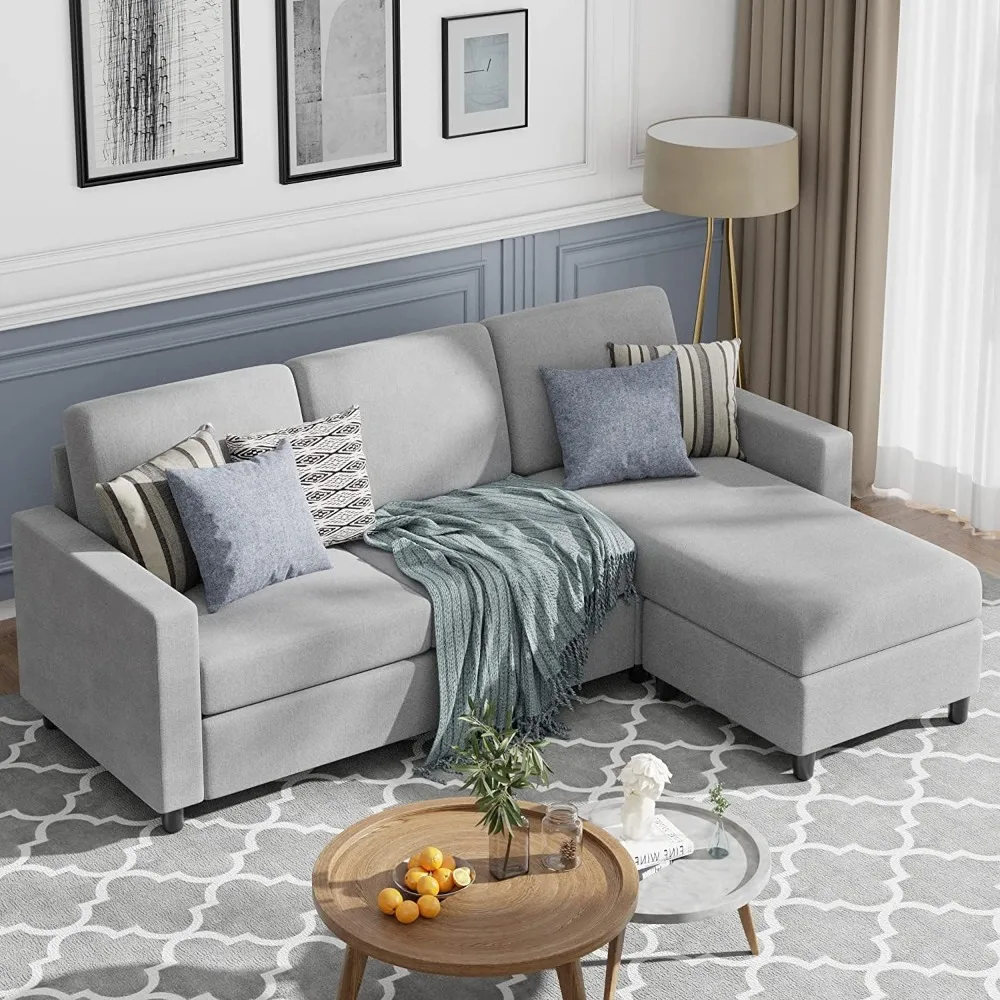 

79 "Convertible segmented sofa, L-shaped linen sofa, small segmented set with chain for living room (light gray)