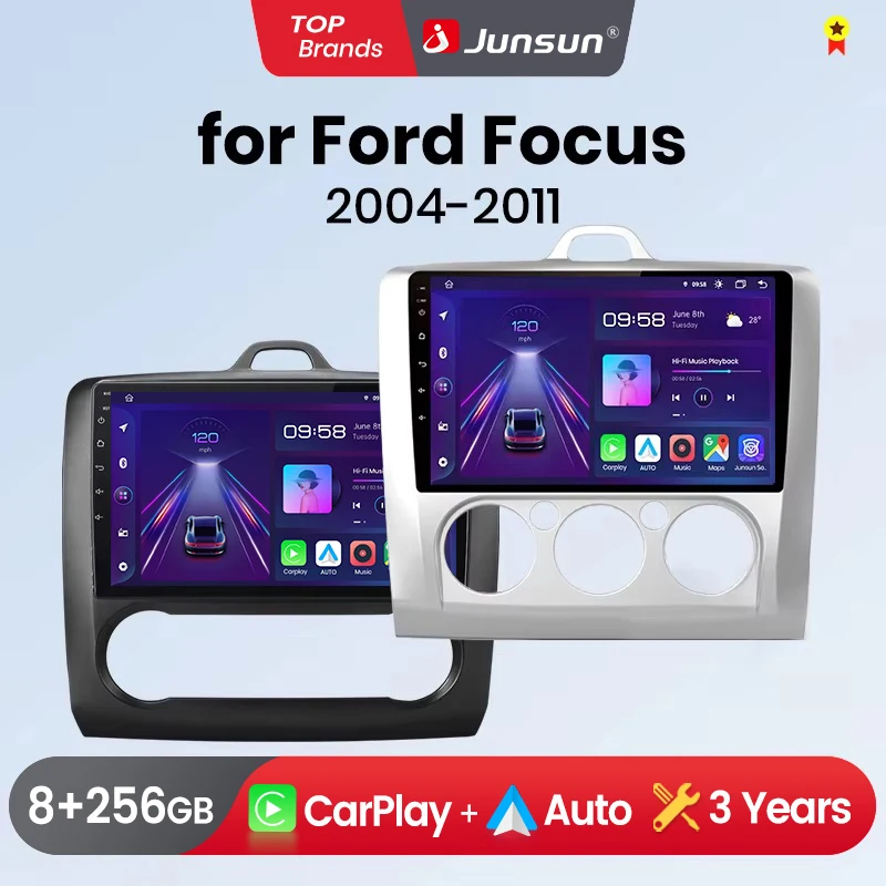 Junsun Wireless CarPlay Android Auto Car Radio for ford focus 2 3 Mk2 Mk3 DIN Multimedia Stereo with Built-in Cooling Fan GPS Navigation SWC Bluetooth FM RDS DSP IPS Screen Car Intelligent Systems 4G WiFi