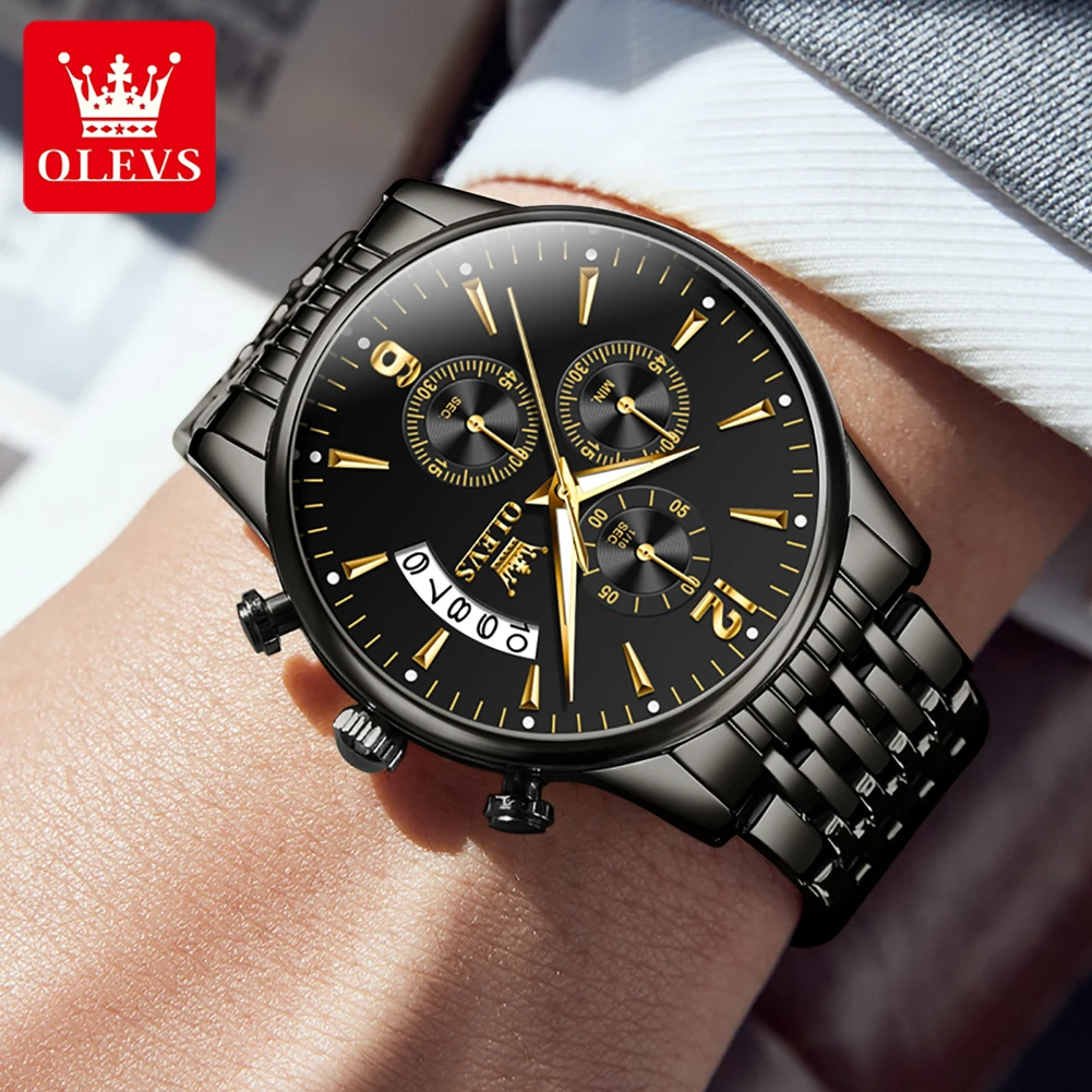 OLEVS Fashion Mens Watches Top Brand Luxury Stainless Steel Waterproof Sport Chronograph Quartz Watch for Men Relogio Masculino