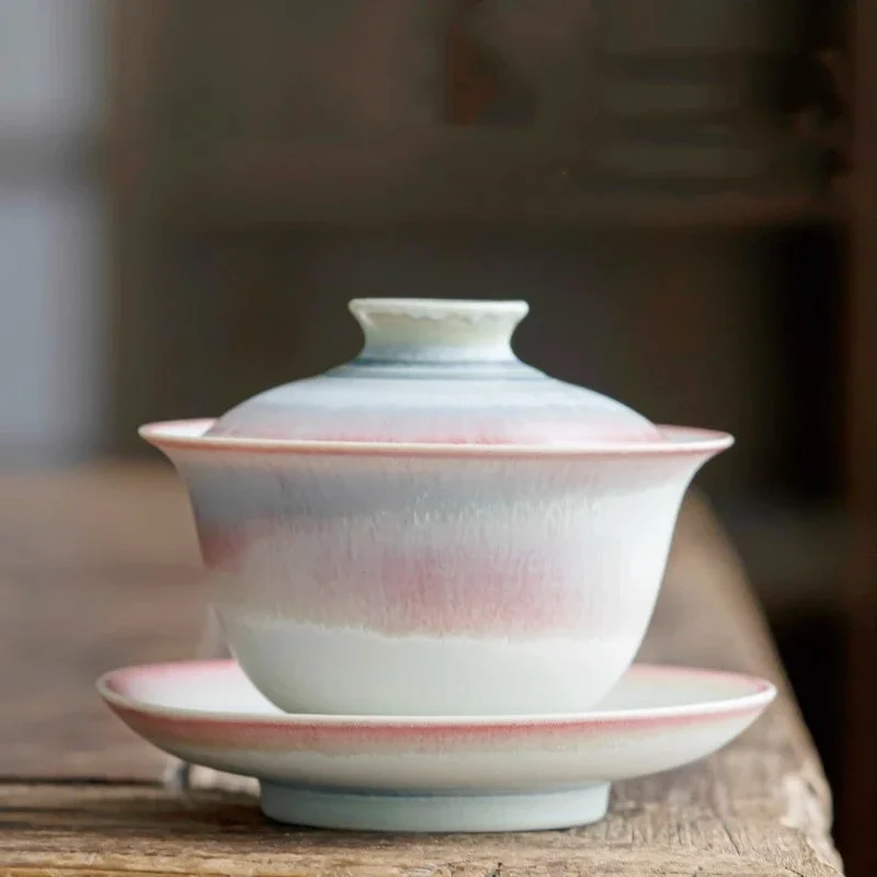 Kiln Change Pink Gaiwan For Tea Porcelain Chinese Jingdezhen Tureen Teaware Set Tea Bowl Kung Fu Chawan Cups Lily