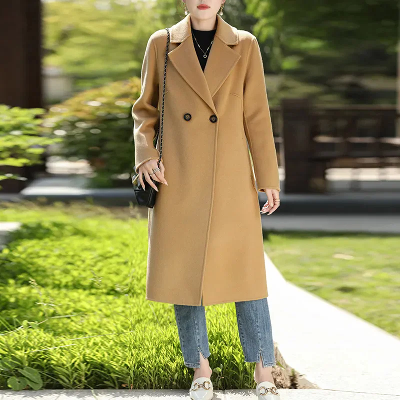 High-Quality Women's Wool Double-Sided Woolen Coat High-End Suit Collar Autumn Winter Knee Length Slim Fit and Slimming Jacket