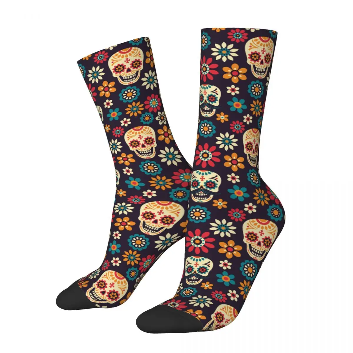 

Fashion Day Of The Dead Halloween Sports Socks Sugar Skull Flower Polyester Middle Tube Socks for Unisex