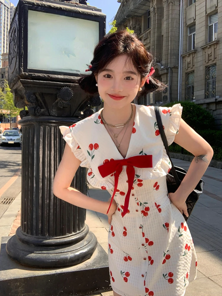 

2024 Summer Kawaii Sweet Y2k Mini Dress Woman Sexy Sleeveless Slim Short Party Dress Chic Print Elegant Dress Beach Outwear