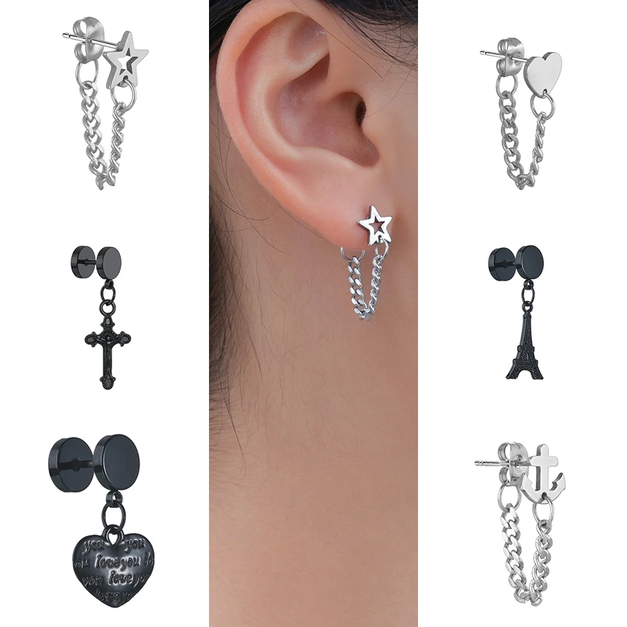 New Punk Rock Simple Metal Chain Orecchini Star Heart Cross Anchor Orecchini Per Donna Uomo Personality Stud Ear Jewelry Miglior Regalo