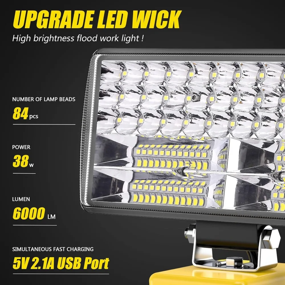  LED ۾, ޴ , LED  , DeWalt 20V ͸ ȣȯ , 2  , 2.1A USB, 6000 LM, 38W