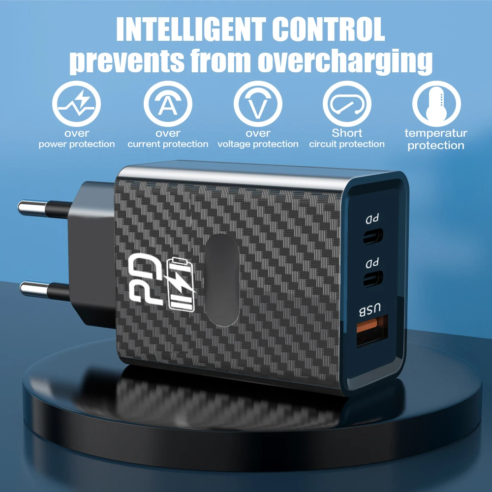 Caricatore USB-C da 65W, caricatore rapido per telefono, adattatore di tipo C per iPhone, Samsung, Xiaomi, caricatore da parete con spina EU/US - immagine 4
