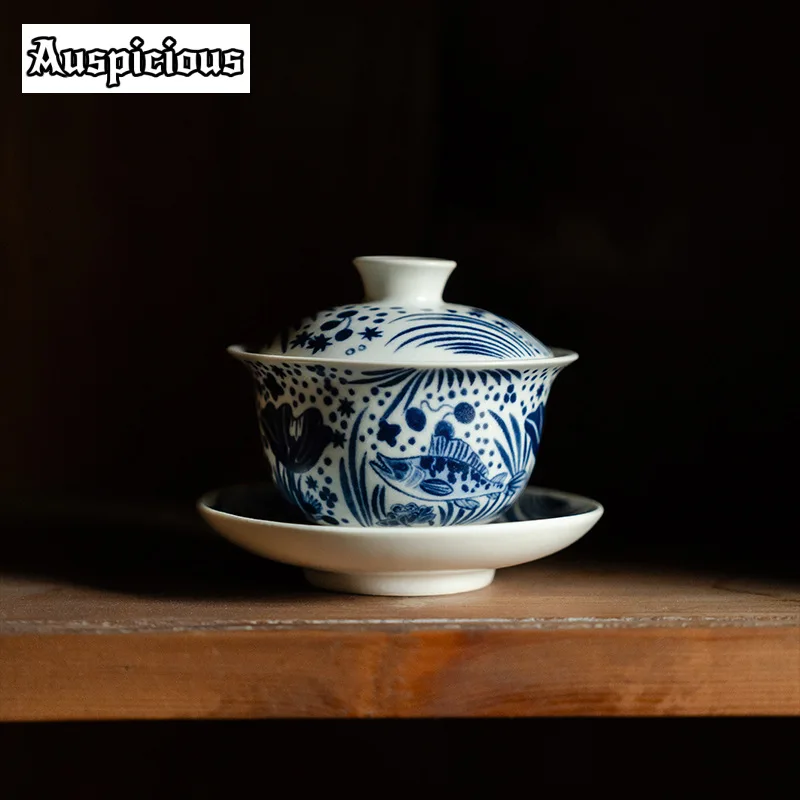 120ml Soda Glaze Tea Tureen Half Color Fish Algae Pattern Gaiwan Sancai Tea Cup Household Maker Cover Bowl Teaware Ornaments