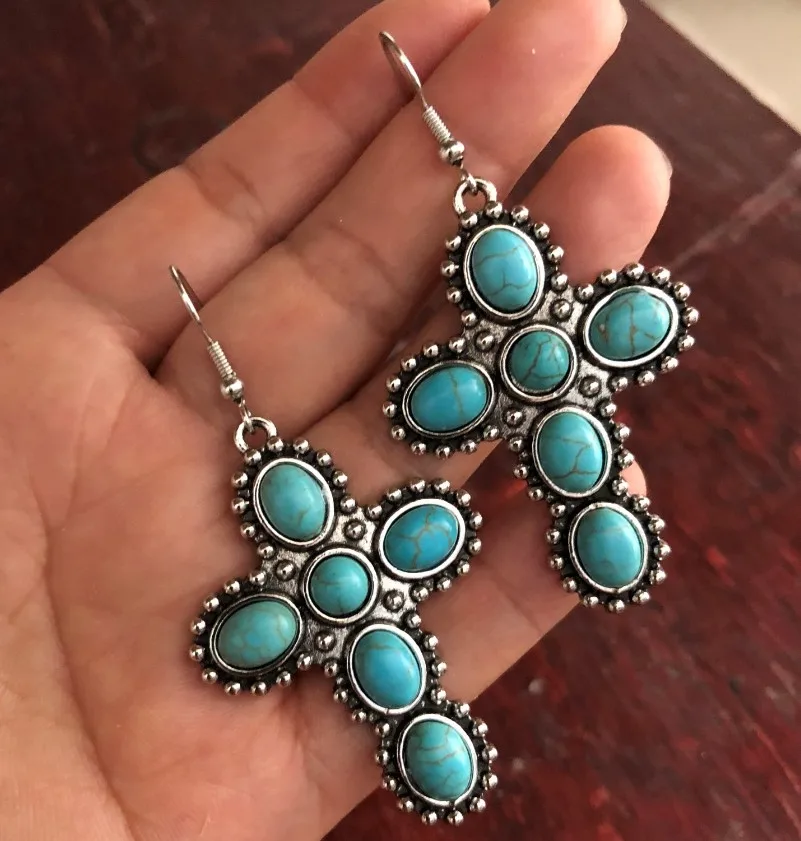 Bohemian Turquoises Stone Cross Earring Woman 2022 Tribal Jewelry Vintage Large Statement Luxury Earrings Wholesale