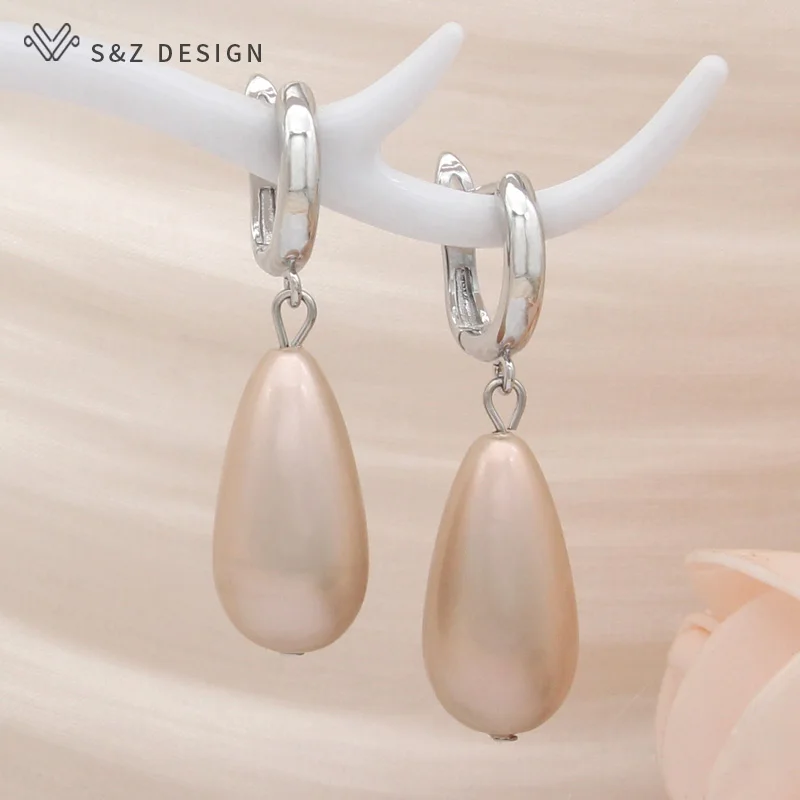 S&Z DESIGN New Fashion 585 Rose Gold Color Long Water Drop Simulated-pearl Dangle Earrings For Women Wedding Party Jewelry