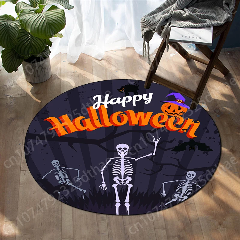 

Halloween Round Carpet Skull Bat Pumpkin Area Rugs Living Room Floor Mats for Bedroom Home Decoration Anti-Slip Chair Doormat