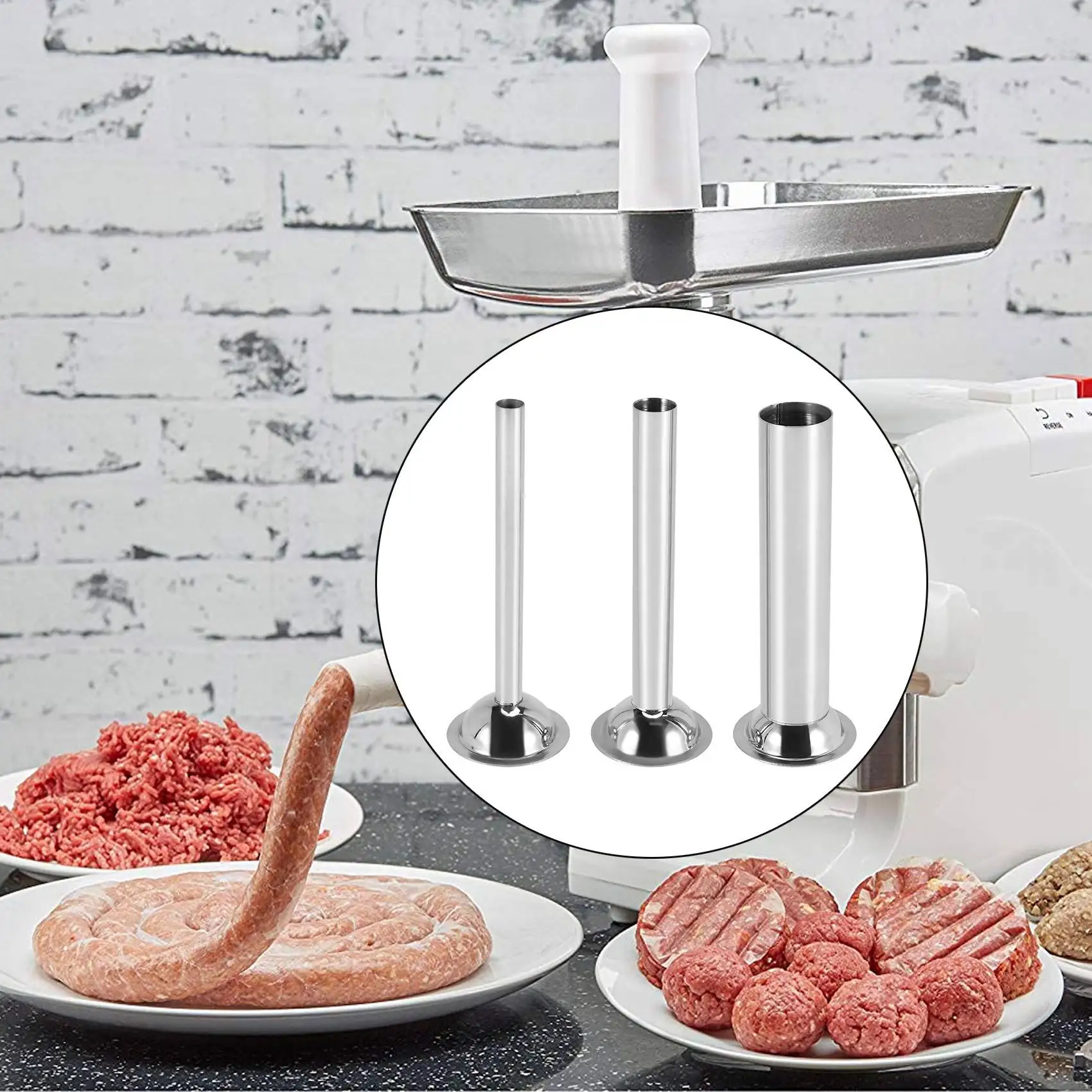 Sausage Stuffer 3Pcs Stainless Steel Filling Tubes Funnels Nozzles Spare Parts Base Diameter:58mm